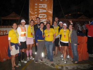 The team at the finish.  I wrongly assume I'm wearing my regular glasses- not my sunglasses.  This explains a lot.